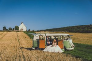 Green split screen vw wedding Campervan at Idsworth Church Hampshire